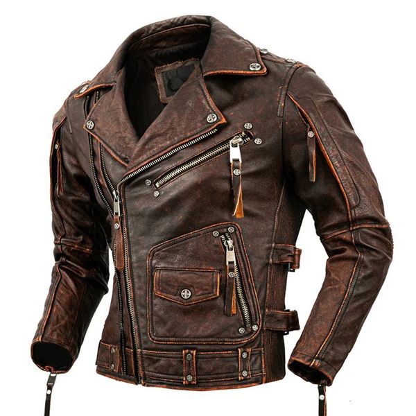 Jaqueta de couro genuíno para motocicleta, casaco masculino slim pedra moída retrô de pele de bezerro, roupas de equitação para motociclista 231227