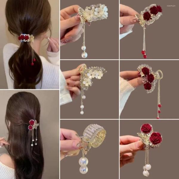 Grampos de cabelo flor vermelha romântico hairpin caranguejos para mulheres liga francesa meninas temperamento acessórios headwear