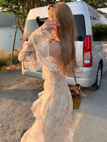 Vestidos casuais 2023 Spring Elegante Floral Midi Dress Women Outwear Beach Y2K Francês vintage One Piece Coreano Summer