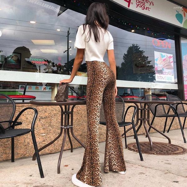 Pantaloni da donna a vita alta modello leopardato vita svasata stampa leopardata zampa d'elefante femminile