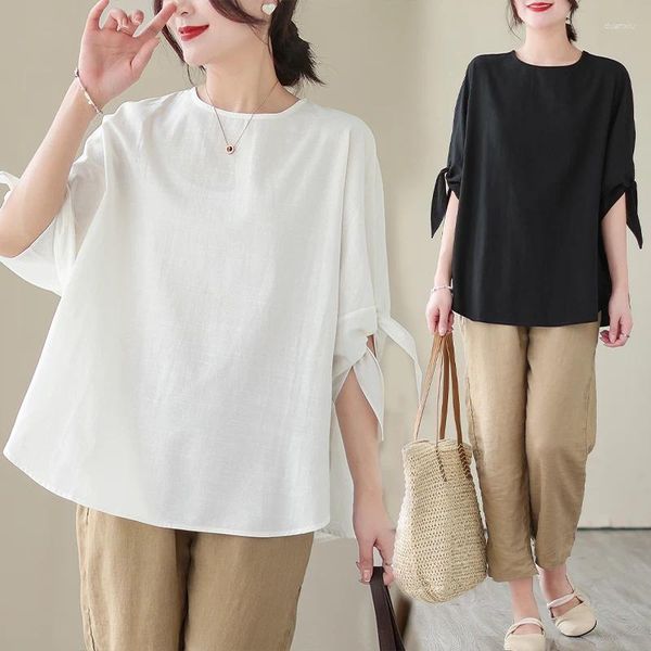 Camicie da donna 2023 Arrivo Summer Women Casual Cotton Linen Short Short-Neck Tops Tees Arts Style Sliose Batwing T-shirt V665