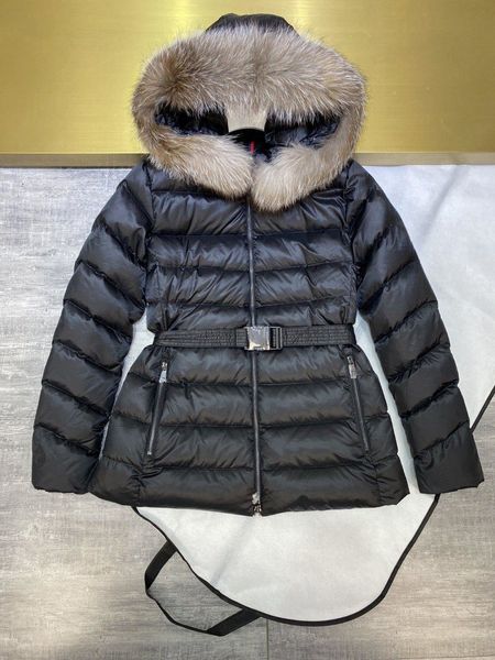 Mon Design Piumino da donna Giacche invernali Cappotti Collo in vera pelliccia di procione Caldo Parka moda con cintura Cappotto in cotone da donna Capispalla Tasca grande