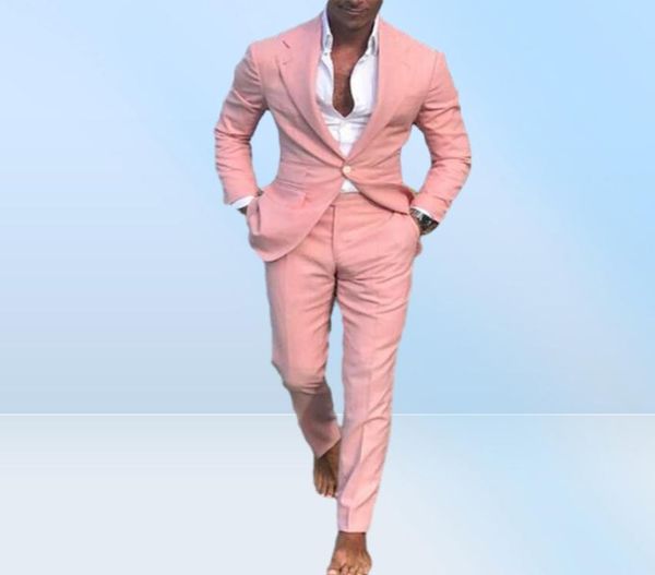 2 шт., пальто, брюки, смокинги, летние пляжные мужские костюмы, розовые брючные костюмы для свадебного бала, облегающий костюм для жениха, мужской мужской костюм, JacketPant9434198