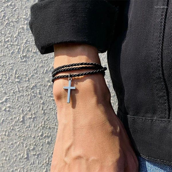 Link Armbänder Klassische Einfache Kreuz Anhänger Mehrschichtiges Armband Für Frauen Männer Schwarz Seil Paar Einstellbare Armreif Kette Schmuck Geschenke