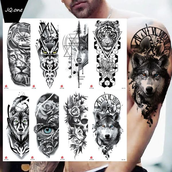 Tatuagens temporárias pequeno fullarm impermeável tatuagem adesivo lobo cabeça tigre flor corpo arte braço homens e mulheres 231208