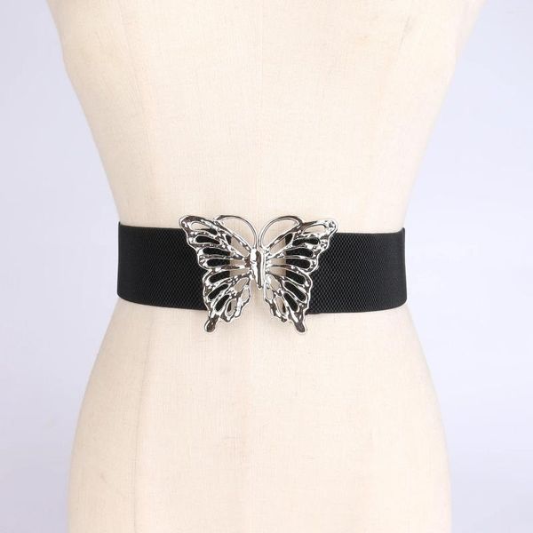 Cintos Butterfly Buckle Holl Black Elastic Ladies'Belts Cintura Decorativa Dimensões de tamanho grande para mulheres camisa de vestido