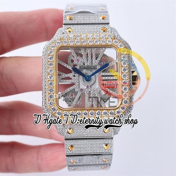 SF TWF0029 Swiss Ronda 4S20 Quartz Mens Watch Totalmente Iced Out Big Diamonds Moldura de Ouro Amarelo Marcadores Romanos Skeleton Diamond Dial St229s