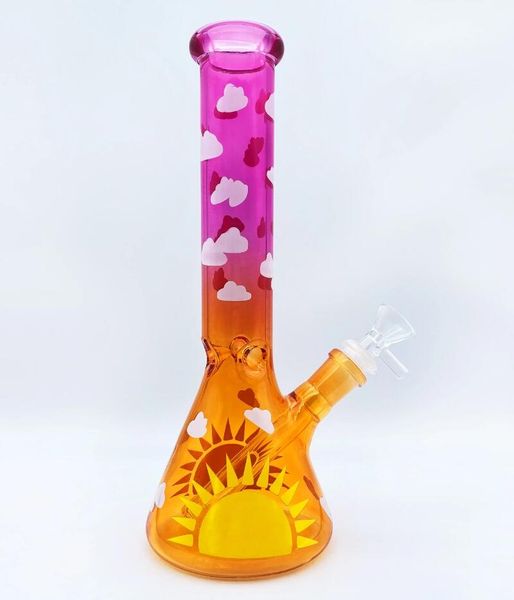 Dritto Narghilè Glass Bong con Ghiaccio Borg Bebller Red Yellow Trees Recycler Oil Rig Cartoon DAB Rigs Glass Water Bongs 14,4 mm ciotola