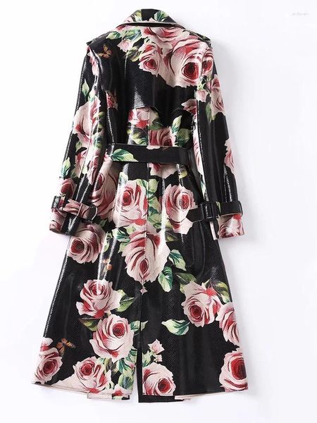 Casacos femininos outono inverno floral impressão casaco para mulheres 2023 turn down colarinho preto longo blusão pu jaqueta de couro outerwear