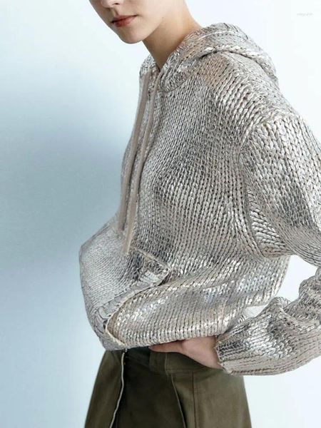 Maglioni da donna Maglione lavorato a maglia con cappuccio argento metallizzato autunnale da donna Pullover tascabile a maniche lunghe allentato Maglieria casual femminile elegante