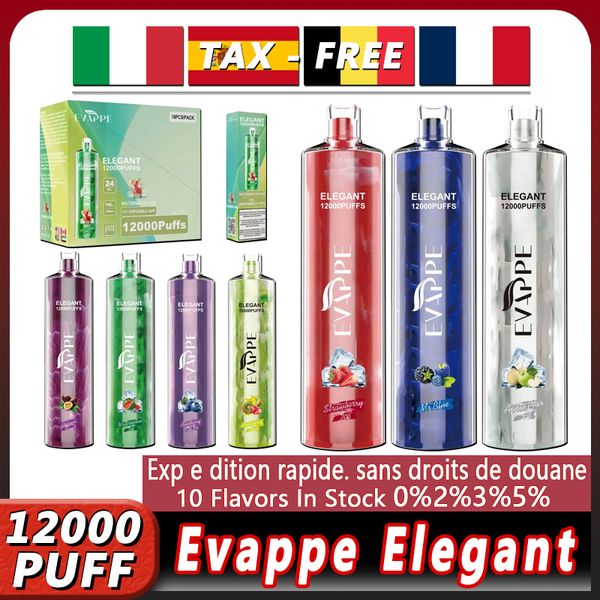 Evappe zarif 12000 puf 12k Tek kullanımlık e-sigara 0%2%3%5%5 konsantrasyon 10 lezzetler 24ml 750mAh Pil Ön doldurulmuş bölme örgü bobin tek kullanımlık e-sigara kalemi çubuğu