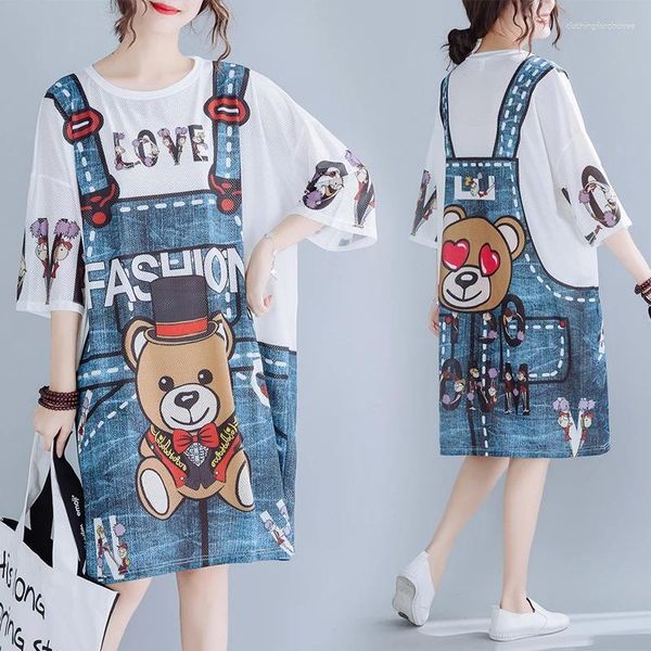 T-shirt da donna M-4XL INS Donna Donna Cartoon Orso Allentato BF Maglietta lunga Donna Harajuku Maglia Divertente T-shirt Denim Colore blu Tops Tees