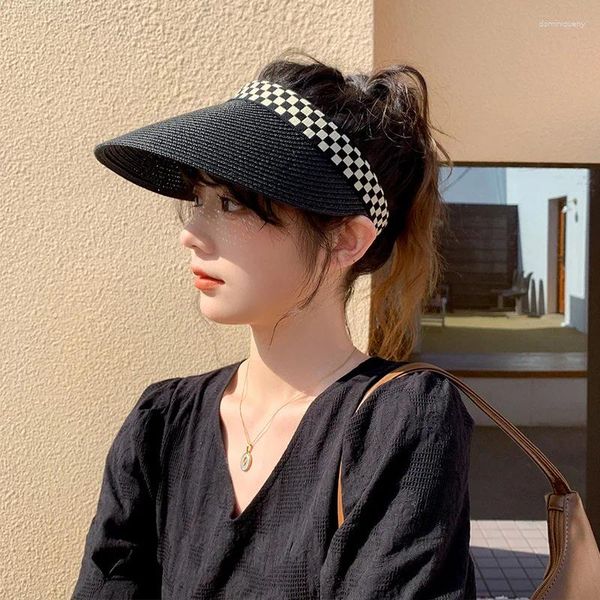 Beralar 2023 Dama Tahtası Siyah Boş Top Şapka Yaz Güneş Koruma Koreli Saman Kapağı Açık Gölge Seyahat Moda Kadın Kapakları