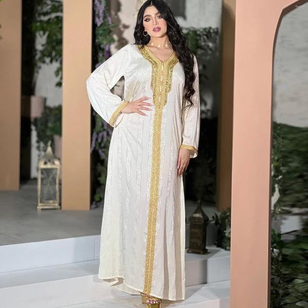 Abbigliamento etnico Fashion Chic Printing Diamonds Bianco abito lungo abito a manicotto casual Abayas a V per donna Arabia Saudita
