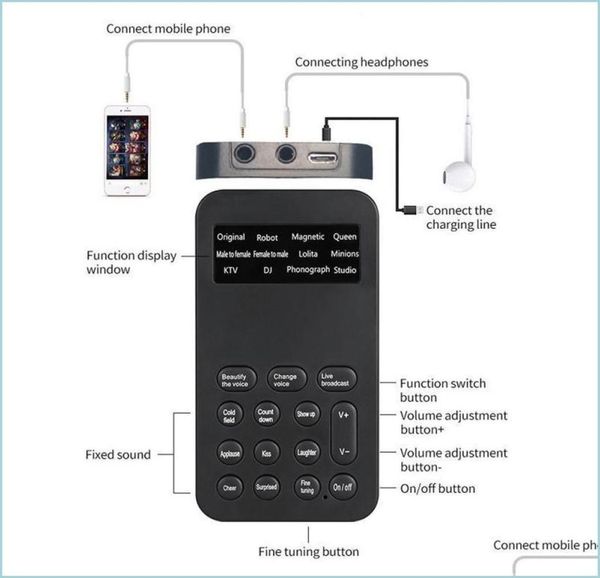 Trocadores de voz Trocador de voz Mini adaptador Microfone Disfarce Live Webcast Phone Game Sound Converter298B Masculino para feminino 8 Change6527353