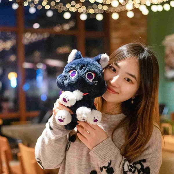 Animais de pelúcia de pelúcia 25cm Genshin Impact Skirmisher Black Cat Doll Cute Cat Plush Toy Cartoon Soldados espalhados ao redor da boneca Kawaii Children Gift 231228