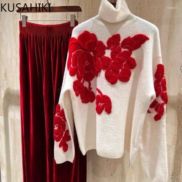 Suéteres femininos kusahiki moda vermelho jacquard pulôver camisola de malha 2023 outono inverno pull femme causal manga longa tartaruga pescoço