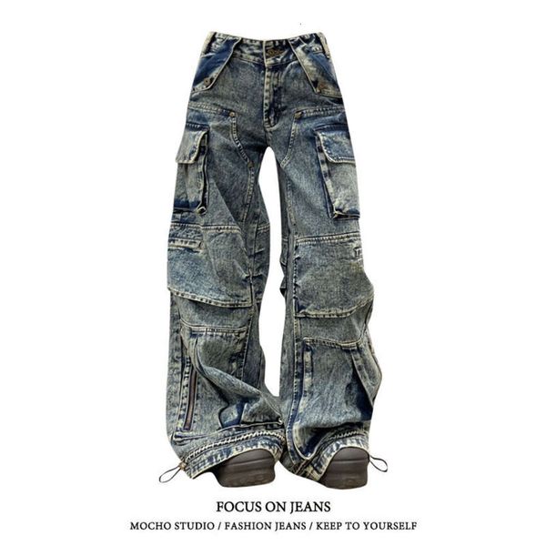 Oversized americano angustiado indústria pesada grande bolso calças de carga feminina solta magro design de rua jeans moda