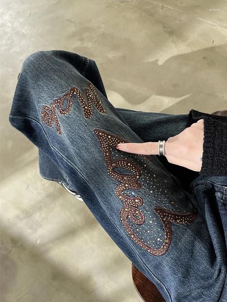 Jeans da donna ricamati primavera e autunno 2023 pantaloni larghi a gamba larga con tubo dritto a vita alta e goccia di diamante