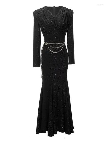 Повседневные платья высококачественные женские весенние модные вечеринка черное вино красное слито сексуальное симпатичное платье с длинным рукавом по взлетно -посадочной полосу