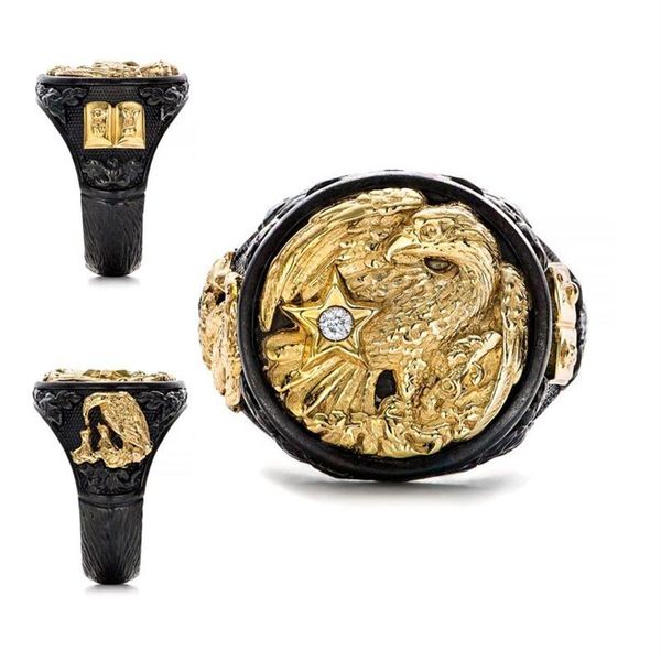 Anel masculino vintage dourado duplo águia diamante 925 prata esterlina preto personalidade joias para festa casamento anel de noivado me3022