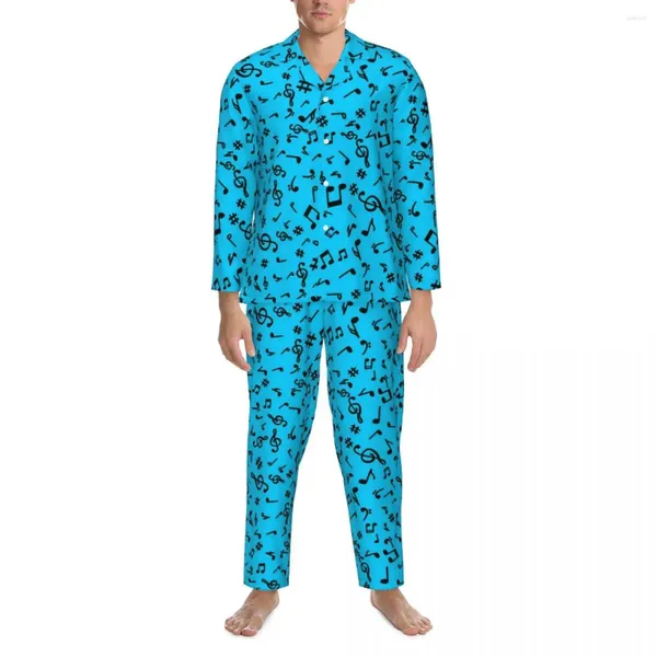 Música de roupas de dormir masculina notas de pijama definido outono azul e preto da moda diariamente mulheres 2 peças Casual Graphic Home Suit de terno doméstico Presente