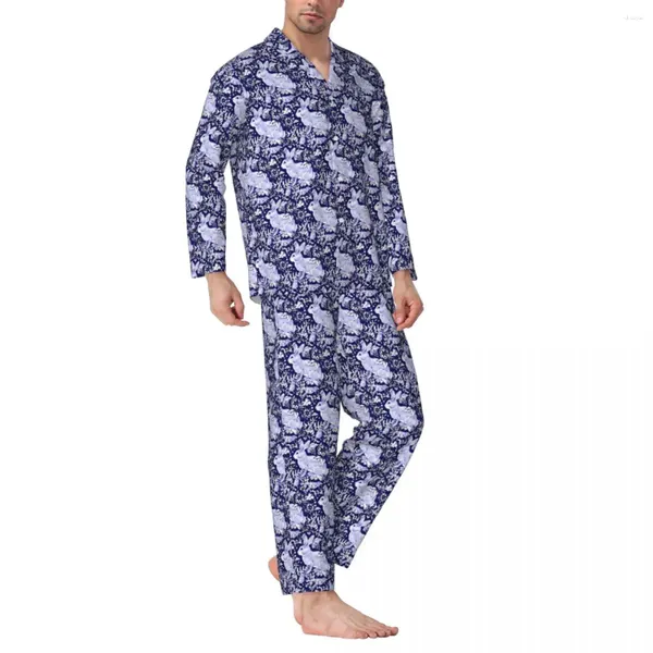 Pijamas masculinos conjunto de pijama pássaro floral impressão bonito unisex manga longa solto quarto duas peças pijamas tamanho grande xl 2xl