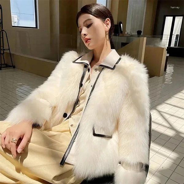 Pelliccia da donna 2024 Moda donna Abbinamento Colore Cappotto Bianco Inverno Imitazione Capelli Dipartimento Piombo Coreano Sottile Addensato Caldo