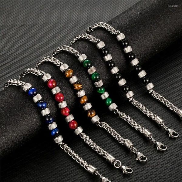 Link pulseiras ajustável pulseira masculina moda tigre olho pedra titânio aço frisado presente