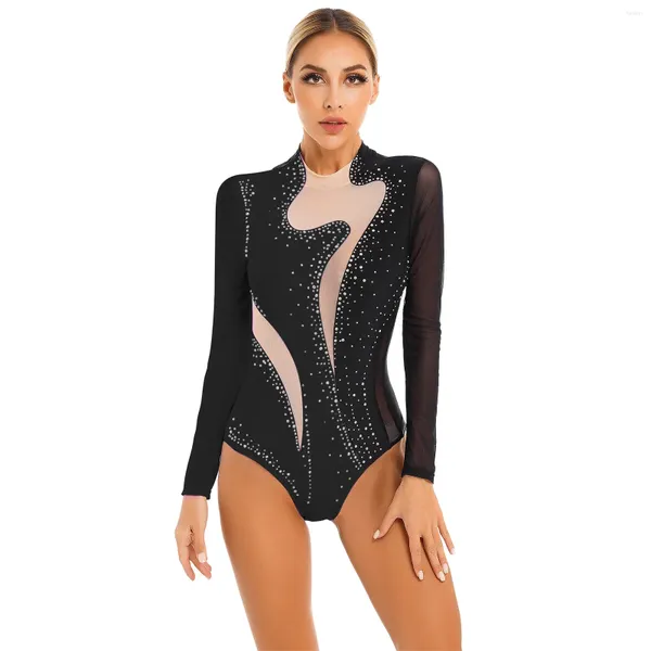 Bühnenkleidung Damen-Gymnastik-Ballett-Tanz-Trikot mit langen Ärmeln, glitzernder Strass-Body aus transparentem Netzstoff, Eiskunstlauf-Akrobatik-Tanzbekleidung