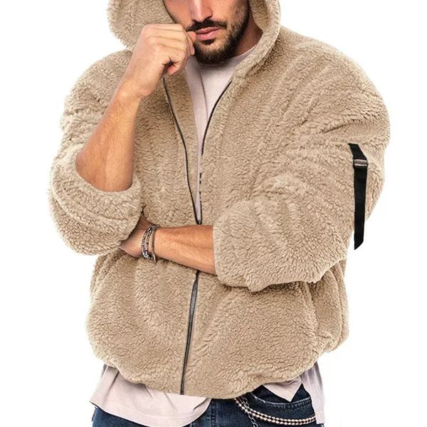 Мужская флисовая куртка с плюшевым мишкой, зимняя теплая меховая куртка с длинным рукавом и пушистым капюшоном, повседневный бомбер 231228