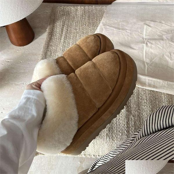 2023 Womens Platform Tazzlita Hartholz Wildleder Slipper Ss Shearling gefütterte Stiefel Wolle Furry Cuff Pelzschuhe Schaffell Slide Designer Bo Dhvhb