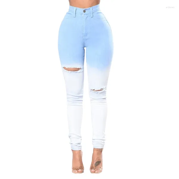 Calças de brim femininas push cintura alta denim senhoras calças skinny buraco rasgado elástico estiramento lápis calças