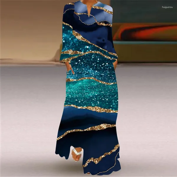 Lässige Kleider Herbst Mode elegante V-Ausschnitt Langarm gedruckte Kleiderkunst Retro großer Swing