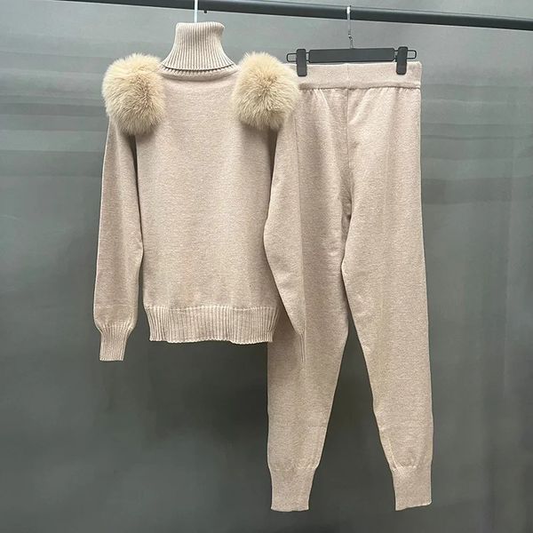 Frauen Mantel Hosen Set Dame Echtpelz Kragen Sweatshirt Streetwear Gestrickte Frühling Herbst Jogger Pullover S5988 231228