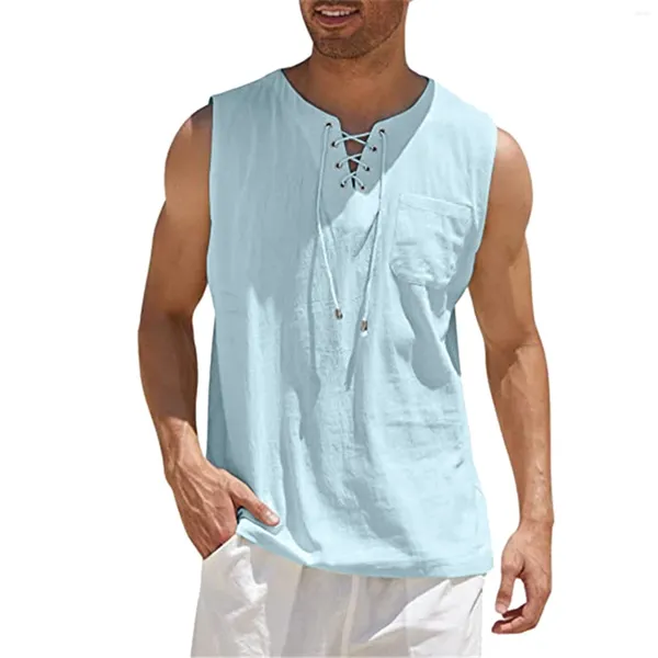 Tampo masculino Tops de grandes dimensões Linha de algodão de algodão colorido de cor sólida Male lace com tsshirt de pocketwear de pocketwear