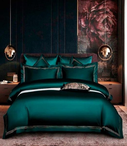 Set copripiumino blu verde intenso ricamato Set biancheria da letto in morbido cotone egiziano premium QueenKing size 4 pezzi 1 lenzuolo 2 federe C1520772