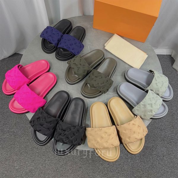 Sandálias de designer Louisely Sandal Tamanho 35-45 Pool Pillow Slide Chinelos Mulheres Slide Preto Scuff Flat Sandálias Mules Sunset Acolchoado Front Strap Mule Man Fashion Slides