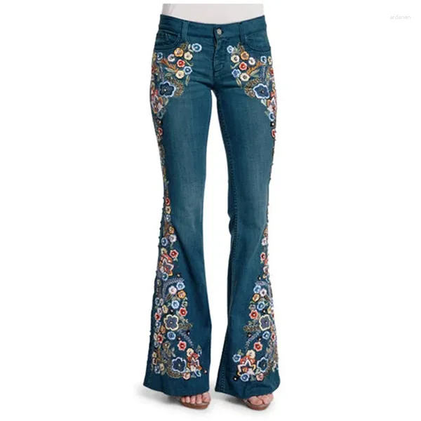 Jeans da donna Vintage ricamato Donna Flare Moda Azzurro Sexy Office Lady Pantaloni in denim Pantaloni dritti slim Pantalones 30201