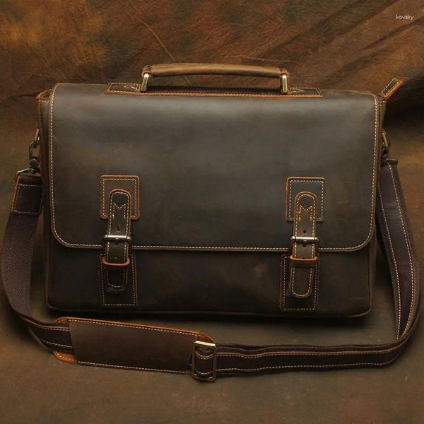 Briefzüge Nesitu Vintage Braun dickes dauerhafte echte verrückte Pferdeleder -Männer -Aktentasche Portfolio 14 '' Laptop männliche Messenger -Taschen