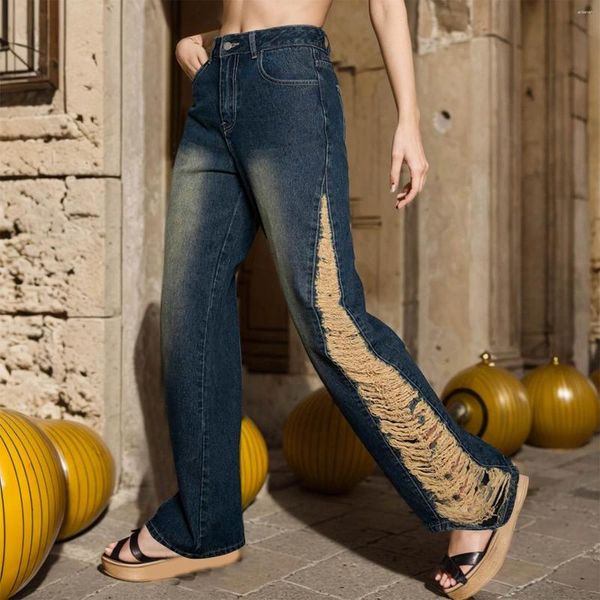 Jeans femininos y2k vintage azul profundo moda feminina buracos rasgado borla perna larga longa solta calças retas streetwear calças jeans