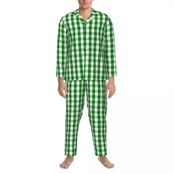 Men's Sleepwear Christmas Gingham Pijama Define outono verde verde noturno noturno feminino 2 peças