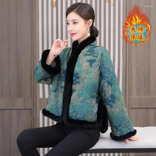 Casacos de trincheira femininos estilo chinês jaqueta tang traje impresso casaco de algodão curto solto imitação de cabelo emendado inverno mulheres outerwear