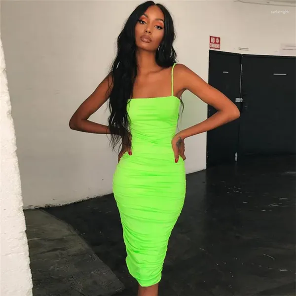 Lässige Kleider Omchion Sommerkleid 2023 Slash Neck Strap Neon Frauen Mid-Calf Solid Mantel Bodycon Party JQ401