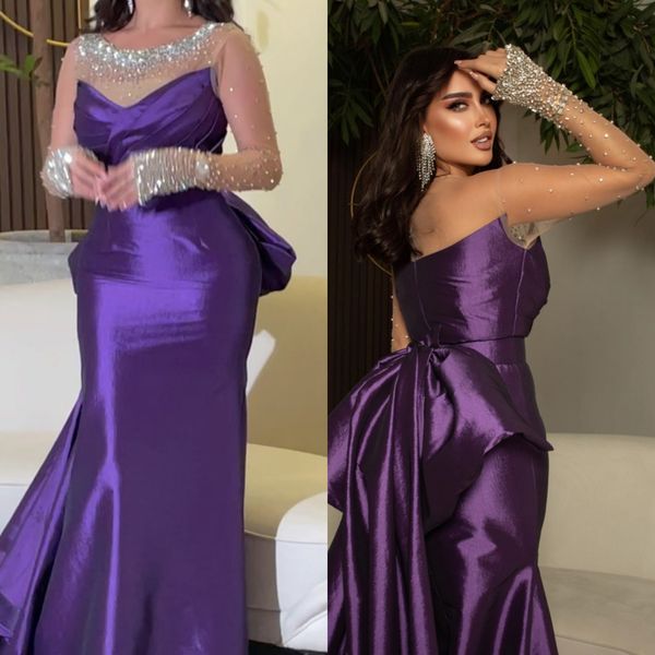 Abiti a sirena con perline viola Vedi abito da sera con maniche lunghe con papillon in taffettà Abendkleider Vestido De Novia 326 326