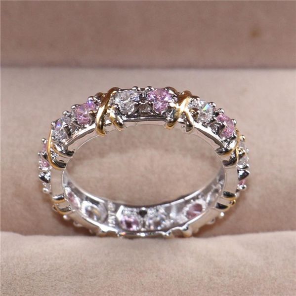 Lady039s 925 Sterling Silver Pink Pink Coppia Tanzanite Rings Giallo Eterno Band Anello nuziale Eterno For Women Gioielli Dimensioni 513670427