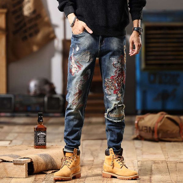 2023 nuova toppa con stampa ricamo tigre europea e americana moda di alta qualità retrò autunno jeans da uomo abbigliamento da uomo