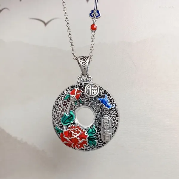 Ketten 925 Silber Bunte Farben Emaille Nationalstil Vintage Pfingstrose Blumen Halskette für Frauen Runder Anhänger Schmuck Chi-Pao Geschenk