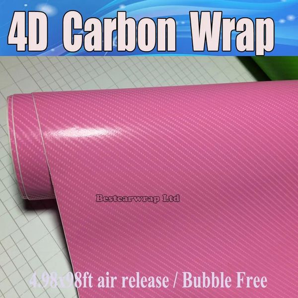 Adesivi in ​​fibra di carbonio 4D rosa vinile come carbonio realistico per avvolgimento per laptop per la parete della macchina con rivestimento a bolla d'aria dimensioni 1.52x30m 4