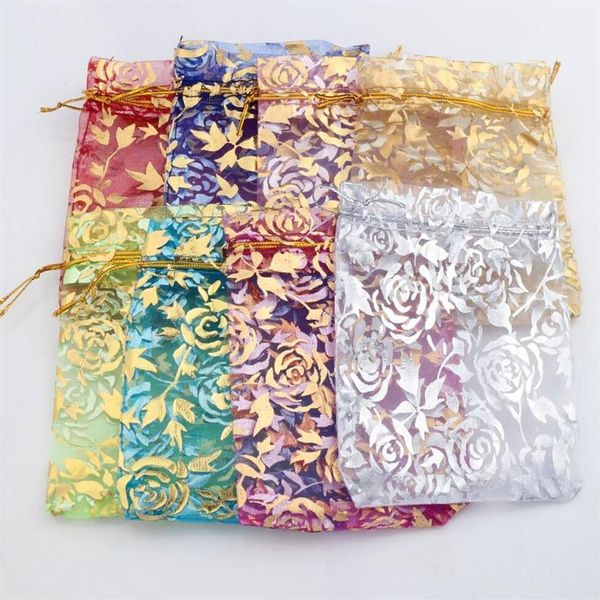 8 colori 9x12cm Gold Rose Design Organza Baglie di gioielli sacche di caramella GB038 Sell190o